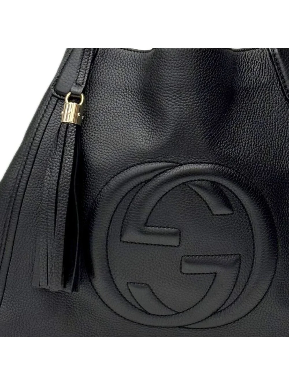 Gucci Tote Leather Black GG Soho Cellarius Fringe Tassel
